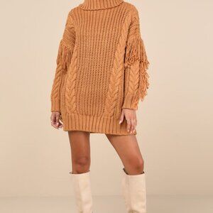 Lulus Coziest Heart Tan Oversized Cable Knit Fringe Sweater Mini Dress Brown